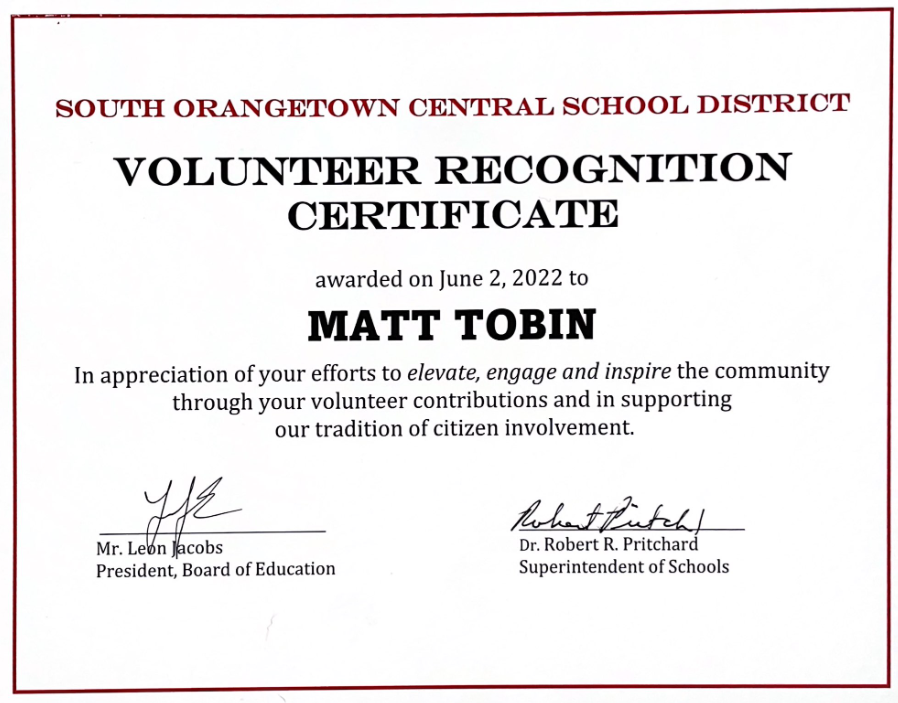 Board of Education Volunteer Recognition Certificate for Efforts to elevate, engage, and inspire the community 2022