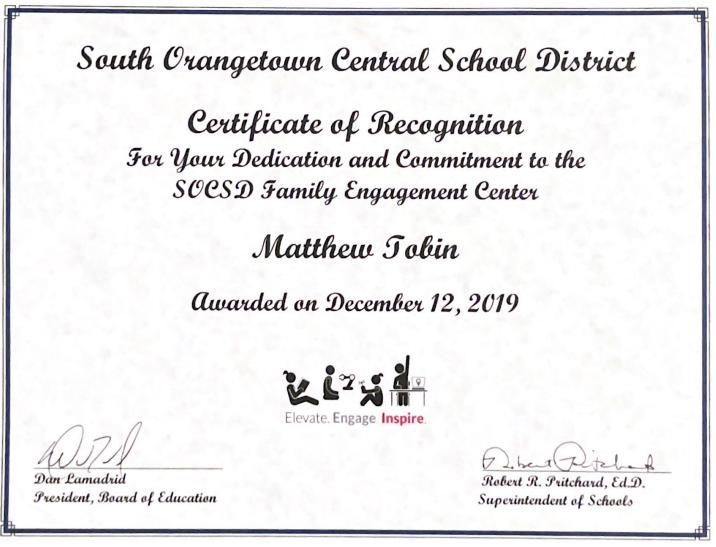 Board of Education Certificate of Recognition for Dedication and Commitment to the SOCSD Family Engagement Center 2019