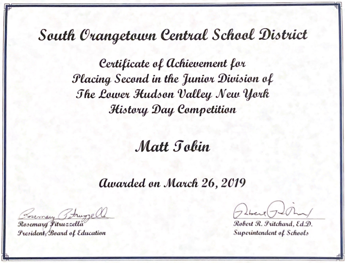 Board of Education Certificate of Achievement for Placing Second in the National History Day Regional 2019