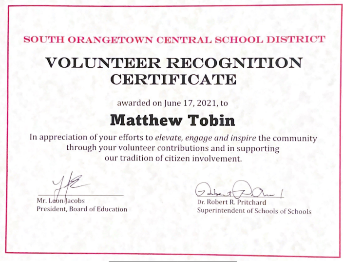 Board of Education Volunteer Recognition Certificate for Efforts to elevate, engage, and inspire the community 2021