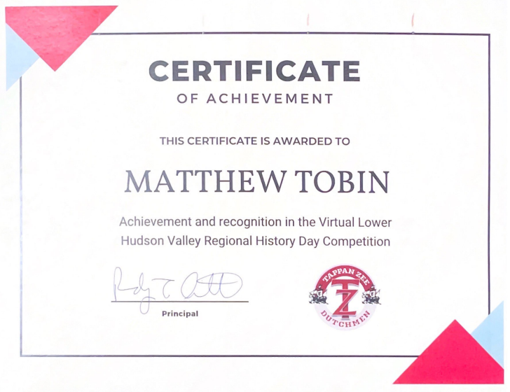 Tappan Zee High School Certificate of Achievement in the National History Day Regional