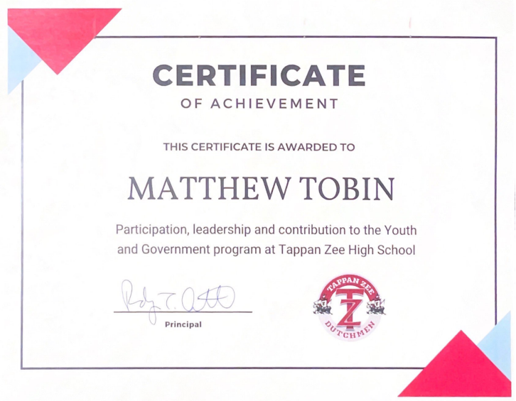 Tappan Zee High School Certificate of Achievement in the Youth and Government Program